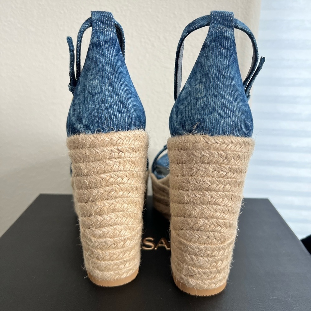 NEW VERSACE ‘95 Medusa Crystals Denim Barocco Print Platform Wedge Sandals 41 - Picture 10 of 16